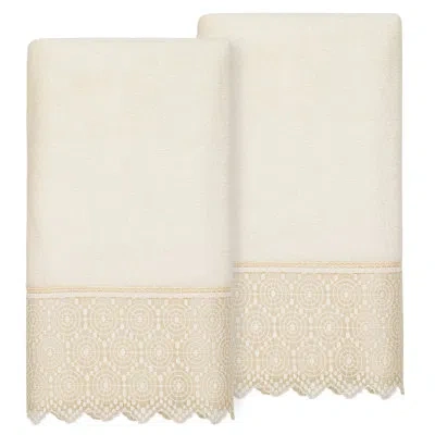 Linum Home Textiles 2 Piece Turkish Cotton Cream Lace Embellished Bath Towel Set