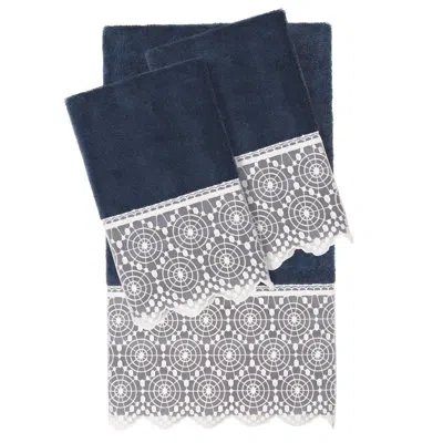 Linum Home Textiles 3 Piece Turkish Cotton Cream Lace Embellished Towel Set In Navy