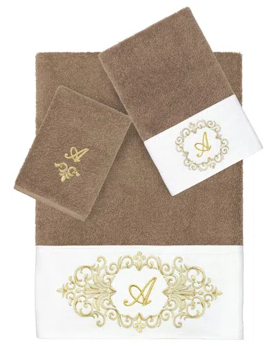 Linum Home Textiles 3pc 100% Turkish Cotton Monogram Embellished Towel Set In Brown