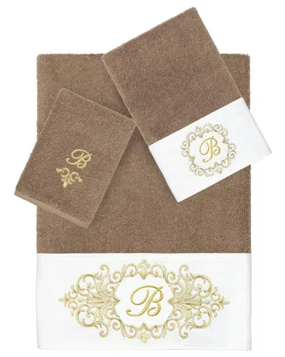 Linum Home Textiles 3pc 100% Turkish Cotton Monogram Embellished Towel Set In Brown