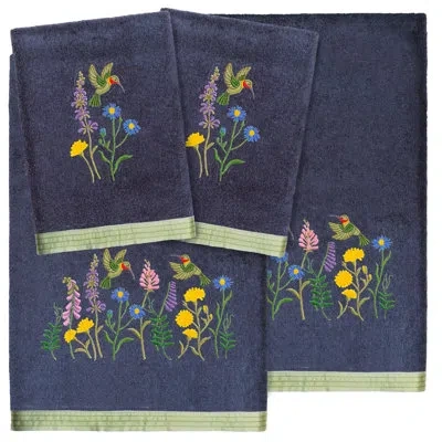Linum Home Textiles 4 Piece 100% Turkish Cotton Hada Embellished Towel Set In Marine