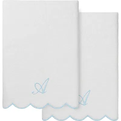 Linum Home Textiles Adornia Scallop Initial 2-piece Bath Towel Set In White/ Blue A