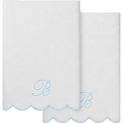 Linum Home Textiles Adornia Scallop Initial 2-piece Bath Towel Set In White/ Blue B