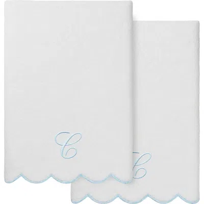 Linum Home Textiles Adornia Scallop Initial 2-piece Bath Towel Set In White/ Blue C