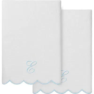 Linum Home Textiles Adornia Scallop Initial 2-piece Bath Towel Set In White/ Blue E