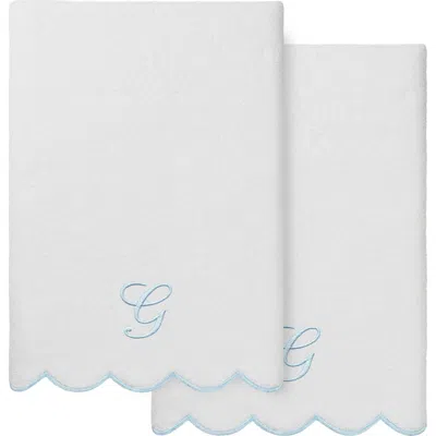Linum Home Textiles Adornia Scallop Initial 2-piece Bath Towel Set In White/ Blue G