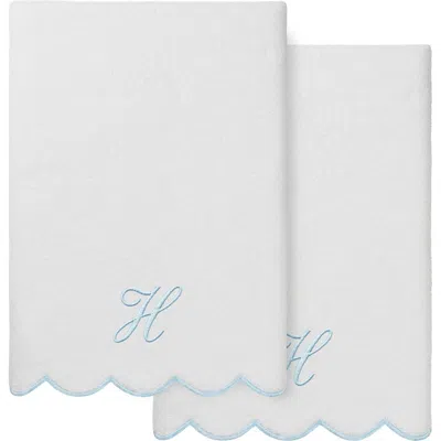 Linum Home Textiles Adornia Scallop Initial 2-piece Bath Towel Set In White/ Blue H