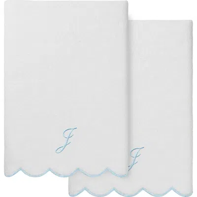 Linum Home Textiles Adornia Scallop Initial 2-piece Bath Towel Set In White/ Blue J