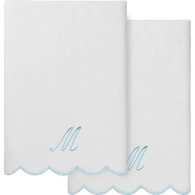 Linum Home Textiles Adornia Scallop Initial 2-piece Bath Towel Set In White/ Blue M