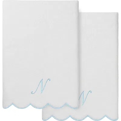Linum Home Textiles Adornia Scallop Initial 2-piece Bath Towel Set In White/ Blue N