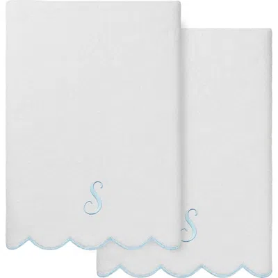 Linum Home Textiles Adornia Scallop Initial 2-piece Bath Towel Set In White/ Blue S