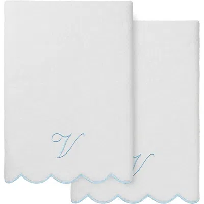 Linum Home Textiles Adornia Scallop Initial 2-piece Bath Towel Set In White/ Blue V