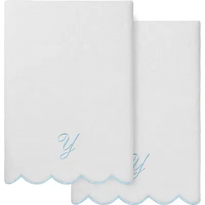 Linum Home Textiles Adornia Scallop Initial 2-piece Bath Towel Set In White/ Blue Y