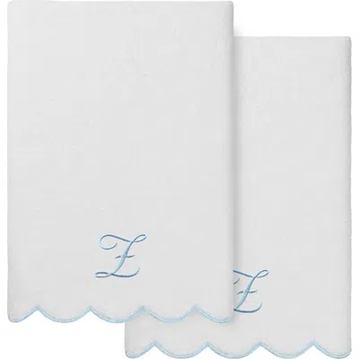 Linum Home Textiles Adornia Scallop Initial 2-piece Bath Towel Set In White/ Blue Z