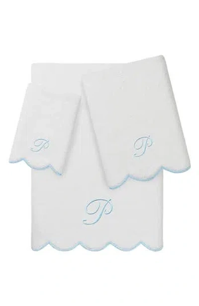 Linum Home Textiles Adornia Scallop Personalized 3-piece Towel Set In Blue