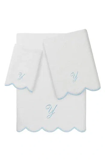 Linum Home Textiles Adornia Scallop Personalized 3-piece Towel Set In Blue