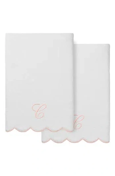 Linum Home Textiles Adornia Scallop Set Of 2 Initial Bath Towels In White/ Pink C