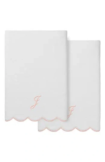 Linum Home Textiles Adornia Scallop Set Of 2 Initial Bath Towels In White/ Pink J