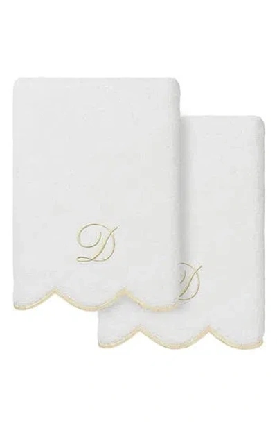Linum Home Textiles Adornia Scallop Set Of 2 Monogrammed Hand Towels In White/ Beige D