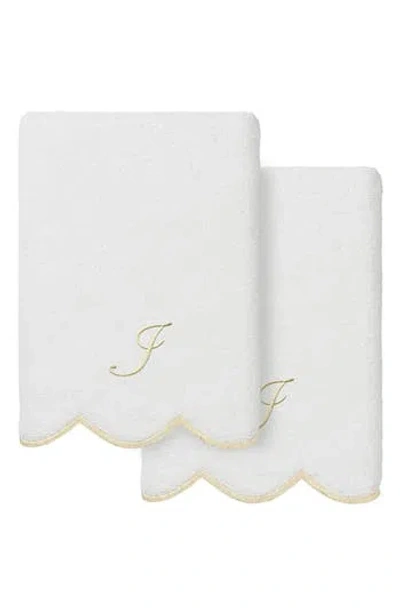 Linum Home Textiles Adornia Scallop Set Of 2 Monogrammed Hand Towels In White/ Beige I