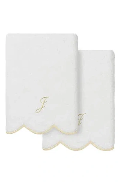 Linum Home Textiles Adornia Scallop Set Of 2 Monogrammed Hand Towels In White/ Beige J