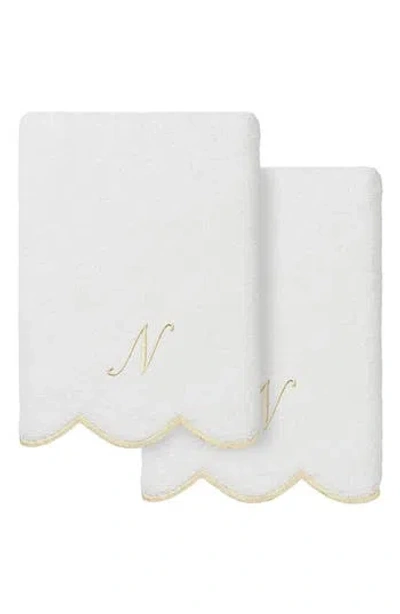 Linum Home Textiles Adornia Scallop Set Of 2 Monogrammed Hand Towels In White/ Beige N