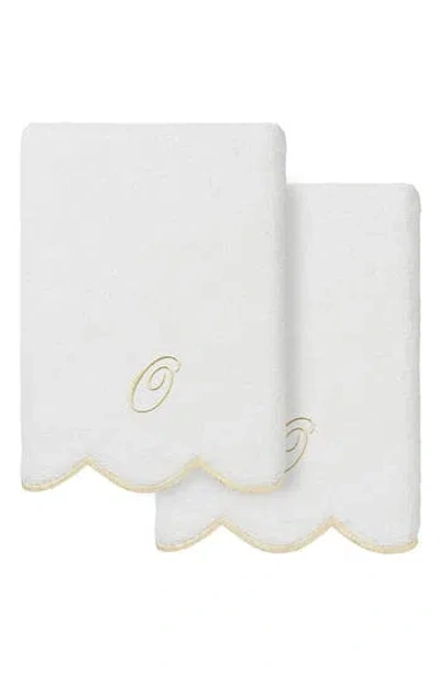 Linum Home Textiles Adornia Scallop Set Of 2 Monogrammed Hand Towels In White/ Beige O