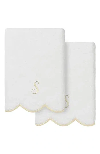 Linum Home Textiles Adornia Scallop Set Of 2 Monogrammed Hand Towels In White/ Beige S