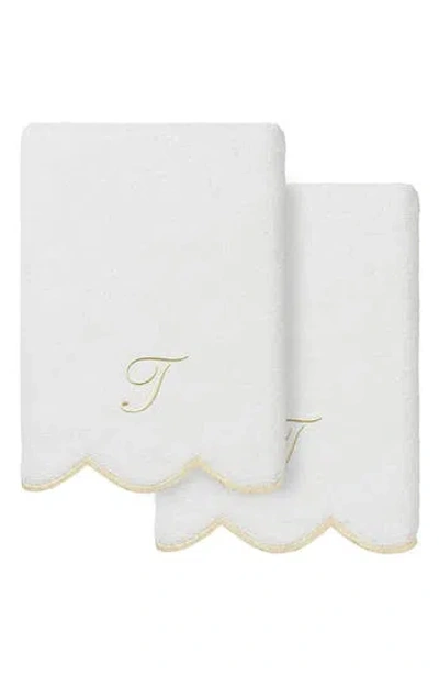 Linum Home Textiles Adornia Scallop Set Of 2 Monogrammed Hand Towels In White/ Beige T