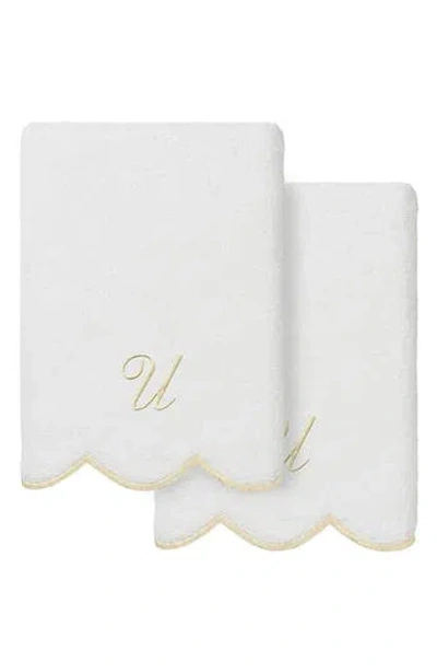 Linum Home Textiles Adornia Scallop Set Of 2 Monogrammed Hand Towels In White/ Beige U