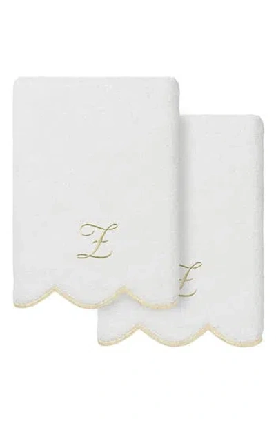 Linum Home Textiles Adornia Scallop Set Of 2 Monogrammed Hand Towels In White/ Beige Z