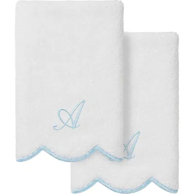 Linum Home Textiles Adornia Scallop Set Of 2 Personalized Hand Towels In White/ Blue A