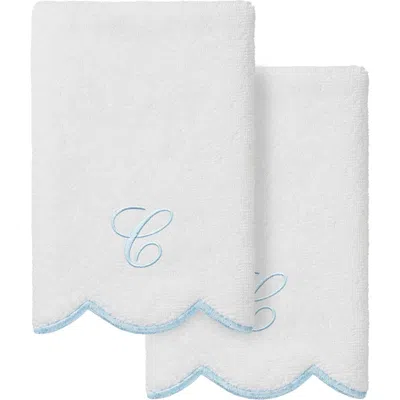 Linum Home Textiles Adornia Scallop Set Of 2 Personalized Hand Towels In White/ Blue C