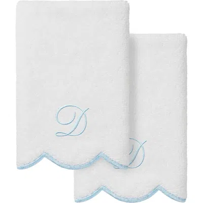 Linum Home Textiles Adornia Scallop Set Of 2 Personalized Hand Towels In White/ Blue D