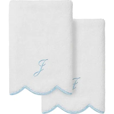Linum Home Textiles Adornia Scallop Set Of 2 Personalized Hand Towels In White/ Blue J