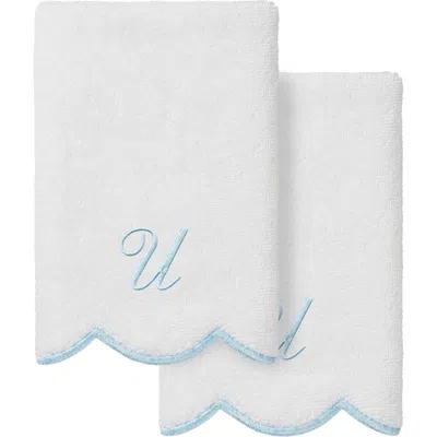 Linum Home Textiles Adornia Scallop Set Of 2 Personalized Hand Towels In White/ Blue U