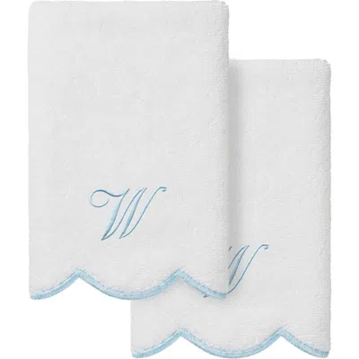 Linum Home Textiles Adornia Scallop Set Of 2 Personalized Hand Towels In White/ Blue W