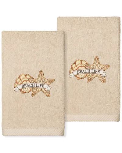 Linum Home Textiles Beach Life - Embroidered Luxury 100% Turkish Cotton Hand Towels (set Of 2) In Sand