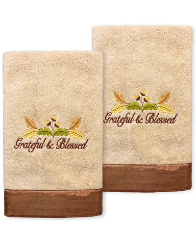 Linum Home Textiles Blessed Embroidered Turkish Cotton Hand Towels (set Of 2) In Sand