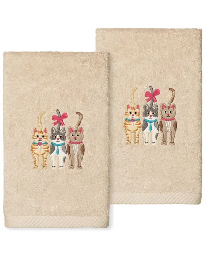 Linum Home Textiles Cats - Embroidered Luxury 100% Turkish Cotton Hand Towels (set Of 2) In Sand