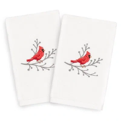 Linum Home Textiles Christmas Cardinal Embroidered Luxury 100% Cotton Hand Towel In White