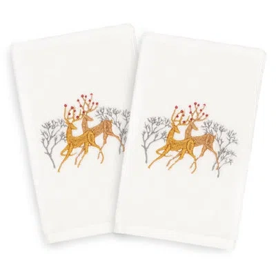 Linum Home Textiles Christmas Deer Pair Embroidered Luxury Turkish Cotton Hand Towel In White