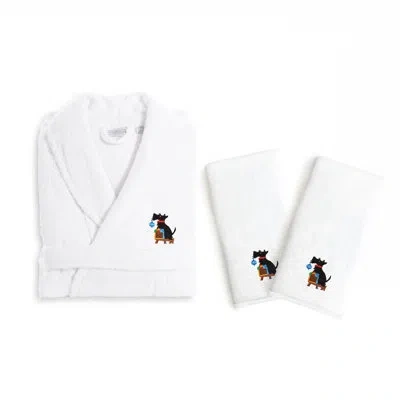 Linum Home Textiles Christmas Dog 3 Piece Embroidered Luxury 100% Cotton Terry Cloth Bathrobe Set In White