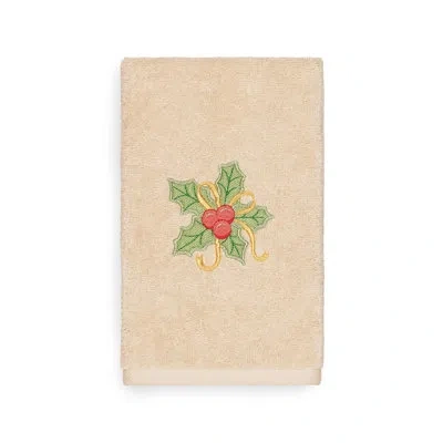 Linum Home Textiles Christmas Holly Bunch Embroidered Luxury 100% Turkish Cotton Hand Towel In Sand