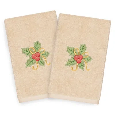Linum Home Textiles Christmas Holly Bunch Embroidered Luxury Turkish Cotton Hand Towel In Nude