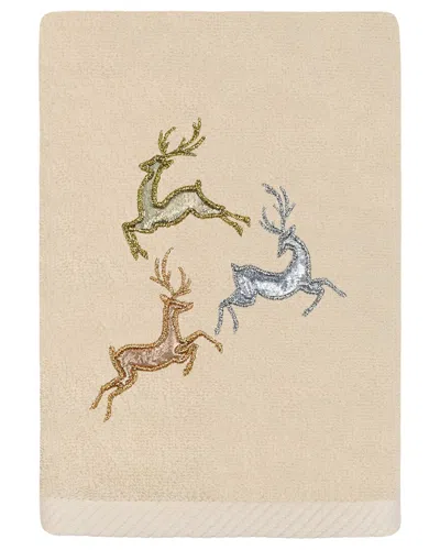 Linum Home Textiles Christmas Leaping Deer - Embroidered Luxury Turkish Cotton Hand Towel In Beige