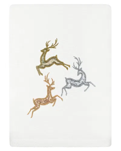 Linum Home Textiles Christmas Leaping Deer - Embroidered Luxury Turkish Cotton Hand Towel In White