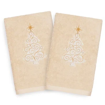 Linum Home Textiles Christmas Scroll Tree Embroidered Luxury Turkish Cotton Hand Towel In Sand