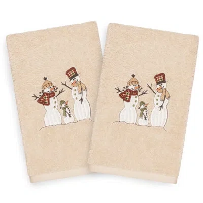 Linum Home Textiles Christmas Snow Family Embroidered Luxury Turkish Cotton Hand Towel In Sand
