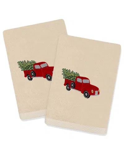 Linum Home Textiles Christmas Truck - Embroidered Luxury Set Of 2 Turkish Cotton Hand Towels In Brown